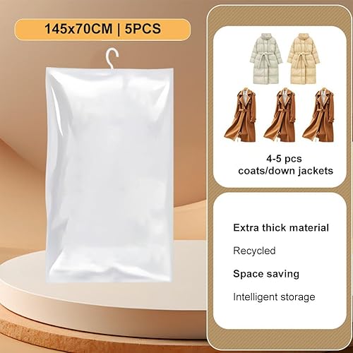 Sac de Rangement Sous Vide Suspendus, Housse Aspirable Rangement, 5 PC Sac de Compression Vetement Voyage, Housse Sous Vide Couette, Porte Vetement pour Costumes, Manteaux, Vestes, 145x70cm - Nail Gallerys
