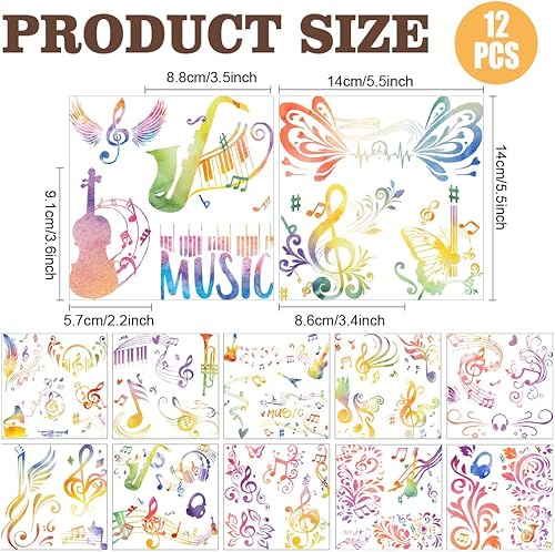 AHANDMAKER Lot de 12 feuilles d'autocollants de transfert à frotter, thème de la musique avec notes de musique, guitares et trompettes, idéal pour bureau, chambre, salles de musique et de danse, - Nail Gallerys