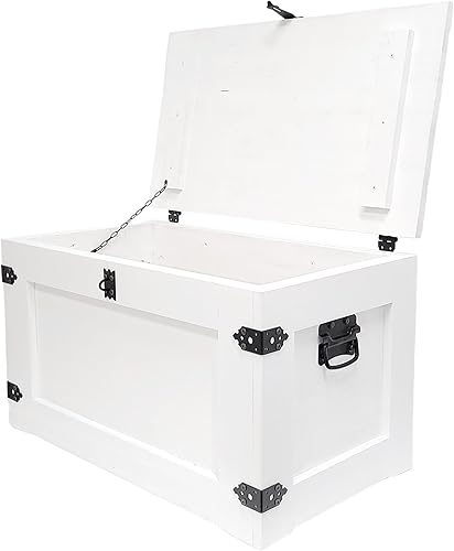 Coffre au trésor en bois blanche avec 4 roues Style vintage - Couvercle rabattable et espace de rangement. 80x45x45 cm. Solide, Stable - aucun assemblage requis - Nail Gallerys