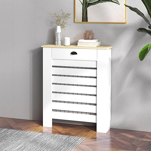 HOMCOM Couvercle de radiateur, cache radiateur, grille à lattes horizontales, avec tiroir, pour salon, chambre à coucher, couloir, en bois, 78 x 19 x 95,5 cm, blanc - Nail Gallerys