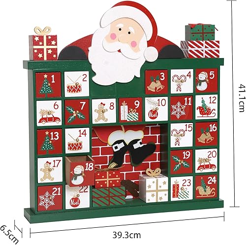 PE Calendrier de l'Avent en Bois avec 24 Tiroirs -Père Noël Grimpant sur le Manteau de Cheminée -Calendrier de Noël à Remplir Décoration -Cadeau Parfait pour Enfants et Adultes 41x39x7cm - Nail Gallerys