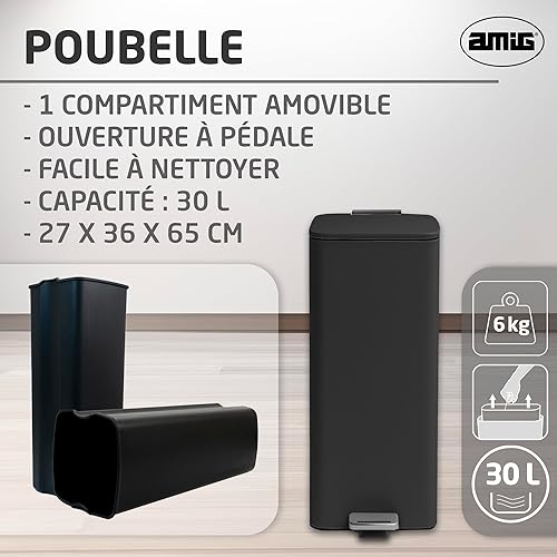 Amig - Poubelle à pédale 30 litres Mod. Artvin - Finition chromée - Ouverture hygiénique sans contact - 27 x 36 x 65 cm - Acier inoxydable chromé - Poubelle de cuisine avec couvercle hermétique - Nail Gallerys