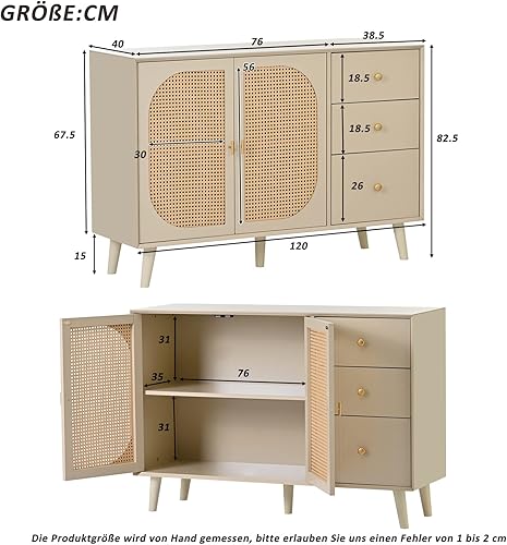 Sweiko - Commode contemporaine avec 2 portes et 3 tiroirs - En rotin - Buffet, meuble TV - Armoire polyvalente en bois - Pour couloir, chambre, salon, salle de bain, salle à manger - Nail Gallerys