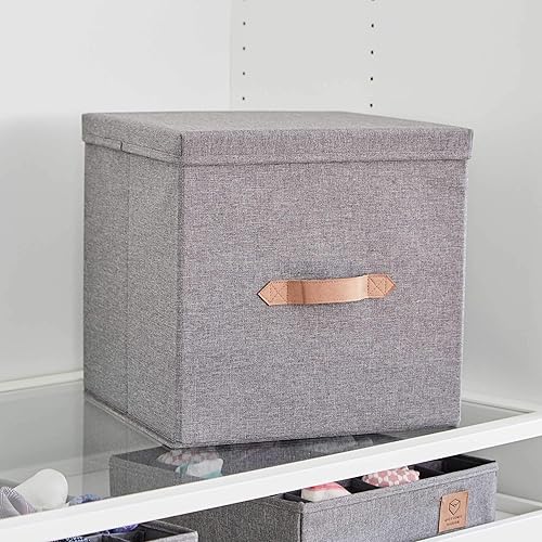 LOVE IT STORE IT - Premium - Boîte de Rangement Pliable , Couvercle & Poignées en Cuir, Compatible Étagère Kallax - Gris Chiné, 33x33x33cm - Nail Gallerys