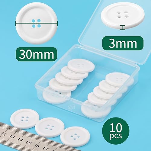 Lot de 10 boutons ronds en résine - 30 mm - Blanc - 4 trous - Pour le bricolage - Avec boîte de rangement - Pour la couture, le bricolage et la décoration - Nail Gallerys