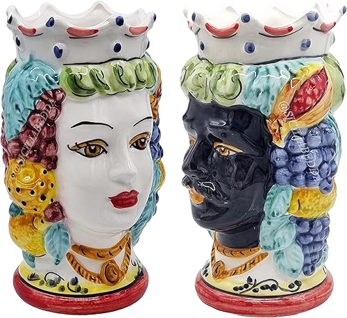 sicilia bedda - Paire de têtes de Moro SICILIENNES en céramique de CALTAGIRONE - Fabriquées à la main - H Centimètres 18 - Élégantes décoration (Couronne Rouge avec Sarrasin) - Nail Gallerys