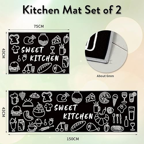 KGIHPC Lot de 2 Tapis de Cuisine antidérapants et imperméables (Noir, 43 x 150 cm + 43 x 75 cm) - Nail Gallerys