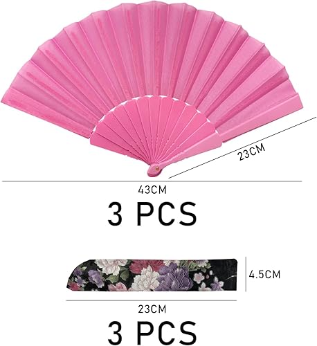 MEMOFYND Lot de 3 éventails pliants à main et 3 poches éventails, éventails portables, éventail Kung Fu Tai Chi, convient pour les cadeaux de décoration murale de fête de vacances (blanc/rose/noir) - Nail Gallerys