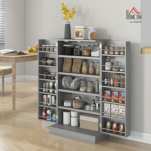 HOMCOM Armoire de Cuisine Buffet Cuisine vaisselier Meuble de Rangement Moderne avec placards, étagère réglable et 12 Porte-épices, Garde-Manger pour Salle à Manger, Salon, 60 x 30 x 104 cm, Gris - Nail Gallerys