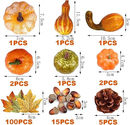 NC Ensemble de décoration de Thanksgiving, Pommes de pin pour, Feuilles d'érable artificielles, Citrouille de récolte, Petits Glands, décoration de fête d'automne et d'halloween, 128 pièces au Total - Nail Gallerys