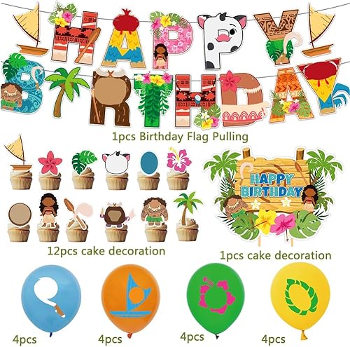 OPVXZAD 30pcs Fournitures de Fête à Thème, Décoration Thème Moana, Banner Cake Topper, Enfants Décoration de Fête d'anniversaire Supplies, Moana Décoration de fête d'anniversaire Ballons - Nail Gallerys