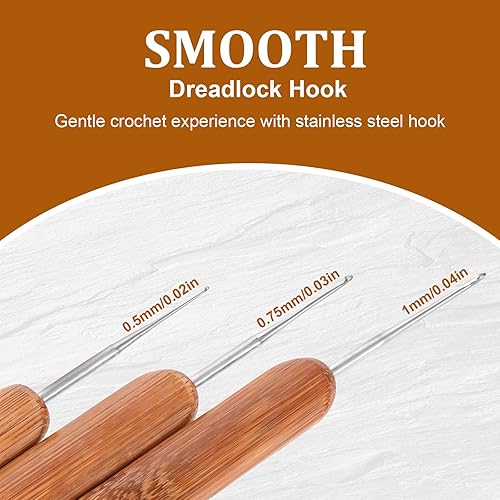 Lot de 3 crochets pour cheveux - 0,5/0,75/1 mm - Aiguilles à crochet pour dreadlocks avec poignées en bambou - Pour tresse, dreadlocks et loisirs créatifs - Nail Gallerys