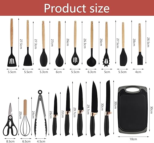 Set Couteaux de cuisine, Ensemble d'ustensiles de cuisine 19 pièces, ensemble d'ustensiles de cuisine en silicone, comprend cinq couteaux et une planche à découper, avec boîte de rangement (noir). - Nail Gallerys