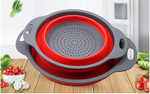 UQMIQURA Lot de 2 passoires pliables en silicone - Passoire de cuisine avec poignée - Passoire de cuisine pliable en silicone - Pour pâtes, fruits, légumes - Rouge - Nail Gallerys