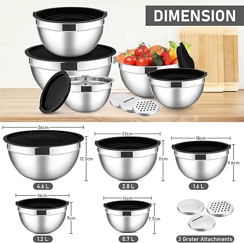 HaWare Lot de 5 bols à mélanger en acier inoxydable pour la pâtisserie/préparer/servir/stocker les aliments, 3 accessoires de râpe et couvercles hermétiques, passe au lave-vaisselle - Nail Gallerys