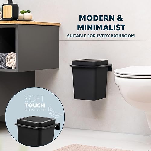 bremermann Poubelle de Salle de Bain, rectangulaire, avec Surface Douce au Toucher, Support Mural à Coller ou à percer, avec Couvercle basculant et Coussinets EVA, Poubelle en Plastique, 6 l (Noir) - Nail Gallerys