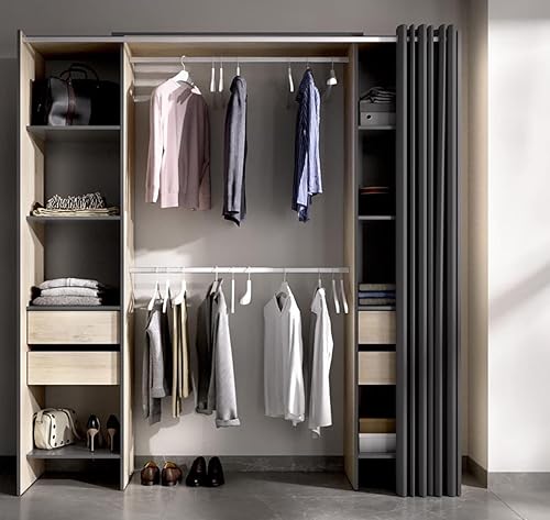 Armoire dressing extensible avec rideau + 4 tiroirs coloris naturel/graphite - Longueur 100-180 x Hauteur 203 x Profondeur 50 cm -PEGANE - Nail Gallerys
