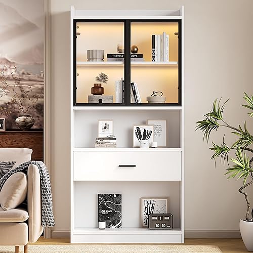 Vitrine avec éclairage LED - Armoire en verre avec 2 portes et 1 tiroir - Armoire de rangement pour salon, bureau, salle à manger - Blanc - Nail Gallerys
