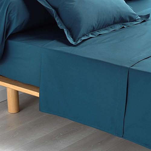Douceur d'intérieur Drap Plat 2 Personnes 240 x 300 cm Percale uni Percaline Bleu & Douceur d'intérieur taie d'oreiller Volant Plat 63 x 63 cm Percale uni Percaline Bleu - Nail Gallerys