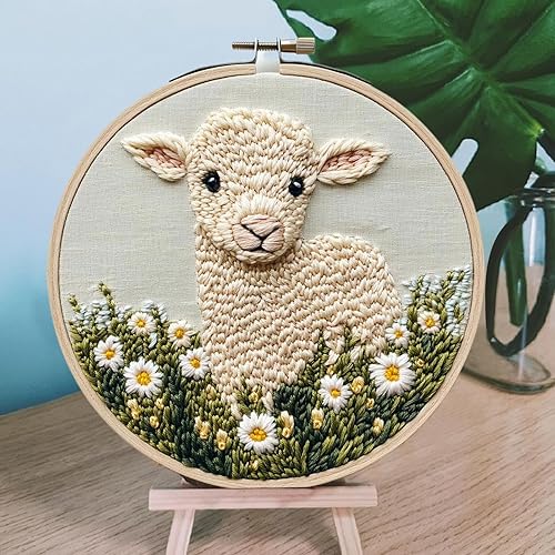 Generisch Kit de broderie punch - Motif mouton - Kit de broderie punch Needle - Avec motif mouton, filetage, tissu, cerceau et fil - Parfait pour les débutants et les adultes - Nail Gallerys
