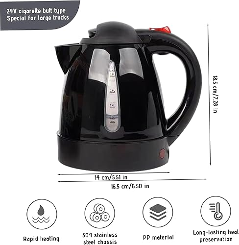 BEAHING Chauffeur d'eau électrique, 1000 ML de Voiture Portable avec châssis en Acier Inoxydable, Bouilloire électrique de Voyage isolée pour Le Chauffe-Eau intérieure, extérieur, Portable, 24 V - Nail Gallerys