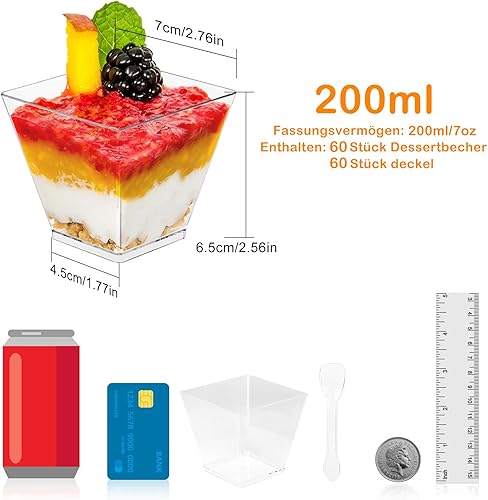 CoKeeSun 60 Pièces Tasses à Dessert avec Cuillères, Verrine Plastique Gobelets à Dessert Carrés 200ml/7oz, pour Pudding, Mousse, CrèMe Glacée, Anniversaire, Mariages - Nail Gallerys