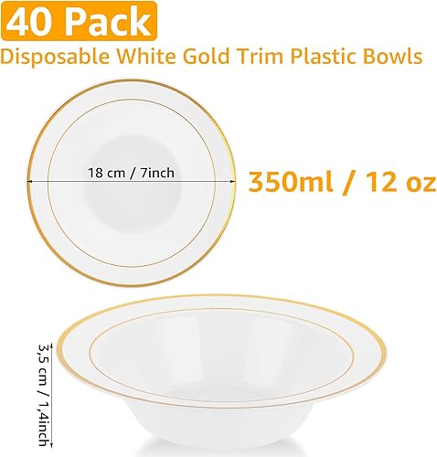 AKOLAFE Lot de 40 bols à soupe en plastique blanc avec bord doré - 350 ml - Réutilisables - Pour fête, mariage, anniversaire, Noël, Pâques - Nail Gallerys