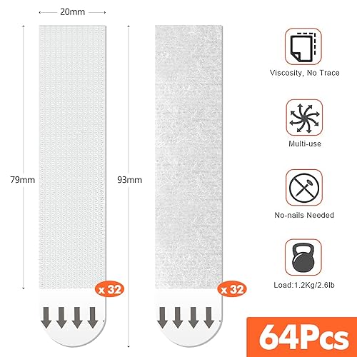 32 paires Languettes Accroches Bandes AdhéSives Tableaux Grand Bandes de cadre mural sans clous pour accrocher des photos etc - Nail Gallerys