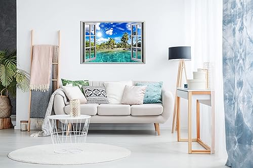 Décoration murale effet fenêtre s'ouvrant sur une plage des Caraïbes - Imprimé en trompe l’œil effet 3D, A0 91x61cm (36x24in) - Nail Gallerys