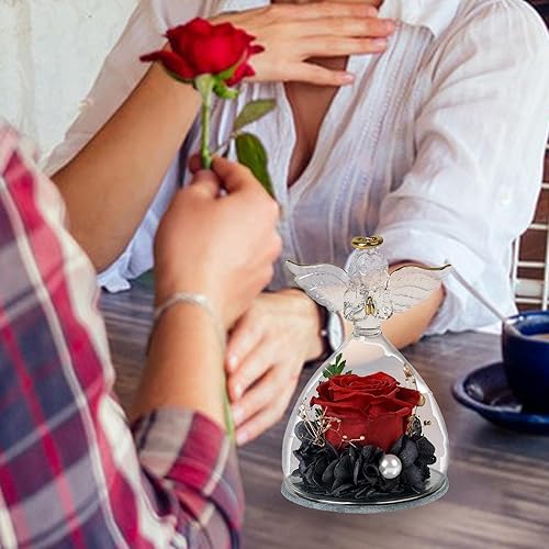 Ange en Verre avec Rose préservée - Figurine d'ange avec Fleurs pour Toujours | Cadeau Romantique pour Mariage, Anniversaire, Thanksgiving | Jolie Figurine avec Rose éternelle pour décoration et - Nail Gallerys