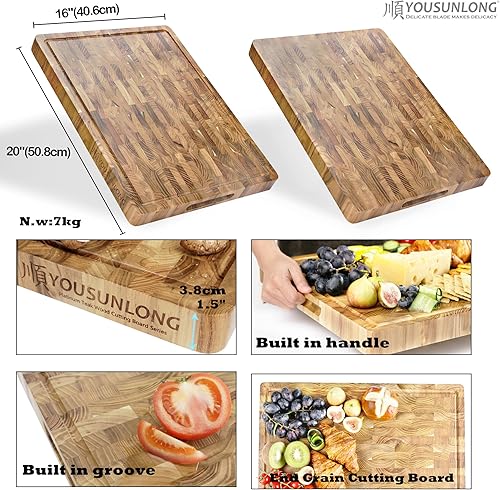 YOUSUNLONG Grande planche à découper - 50,8x40,6x3,8 cm - Planche à découper en teck durable avec rainure à jus intégrée et poignée -Pour les planches à griller la dinde, la viande et le fromage - Nail Gallerys