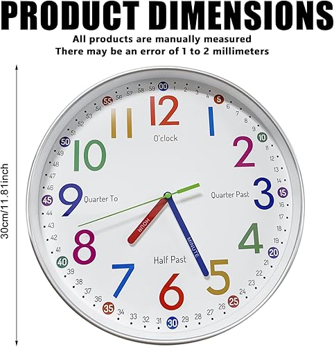 Horloge murale pour enfants - 30 cm - Horloge d'apprentissage - Horloge murale à quartz silencieuse - Sans bruit de tic-tac - Chiffres multicolores - Horloge décorative silencieuse - Pour chambre - Nail Gallerys