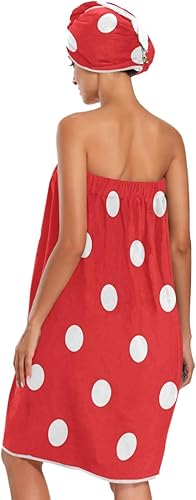xigua Ensemble de serviette de bain pour femme, fermeture réglable, peignoir de bain, robe tube de bain, serviette de spa pour douche, à pois, rouge - Nail Gallerys