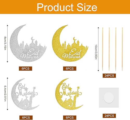 24 Pièces Décorations de Cupcakes Eid Mubarak, Paillettes Or Argent Lune Pics à Cupcakes Kareem Décoration de Gâteau pour Islamique Musulman Anniversaire Fête à Thème Cadeaux Fournitures - Nail Gallerys