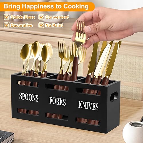 Les-Theresa Organisateur de Couverts Vertical, Range Couvert Bois 3 Compartiments, Pot à Ustensiles de Cuisine, pour Argenterie, Fourchette, Cuillère, Spatule 25,5 X 8,7 X 11 cm (Noir) - Nail Gallerys