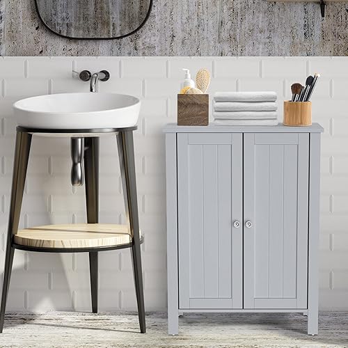 GOPLUS Meuble Salle de Bain sur Pieds, avec 2 Portes, 3 Étagères Réglables, Conception Anti-Basculement, Armoire de Salle de Bain pour Rangement, 60 x 30 x 80,5 cm, Blanc (Gris) - Nail Gallerys