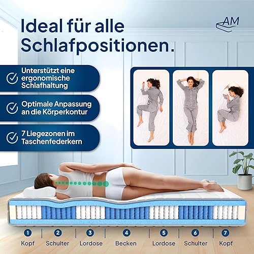 Matelas à ressorts ensachés 120x200 avec 1000 ressorts et 7 zones de confort - Soutien et adaptabilité parfaits - Matelas 120 x 200 cm 24 cm epaisseur - Matelas orthopédique 120/200 – très ferme - Nail Gallerys