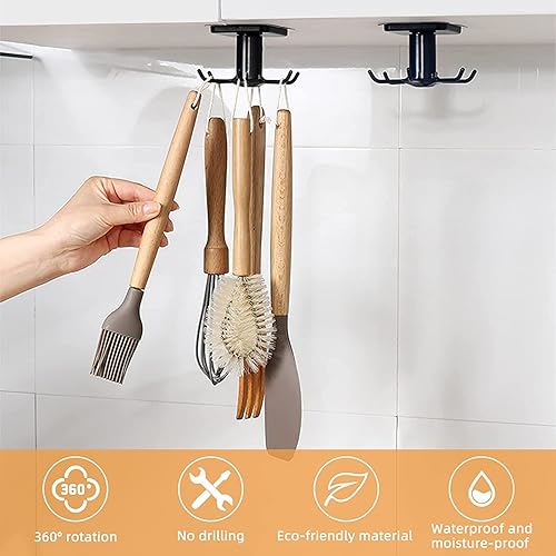 KAIOEYUH Rotatif à 360 ° Porte Ustensiles Cuisine,6 Crochets sous Armoire Support Ustensiles Cuisine,sans Percer Crochets de Rangement Organiseur Rack pour Salle de Cuisine/Bains - Nail Gallerys