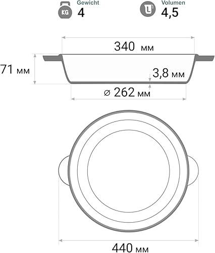 Poêle en fonte Ø 34 cm – Poêle à frire avec deux poignées – Faitout en fonte – Poêle de service, cocotte, sauteuse adaptée pour barbecue à gaz, four, foyer, tous feux dont induction - Nail Gallerys