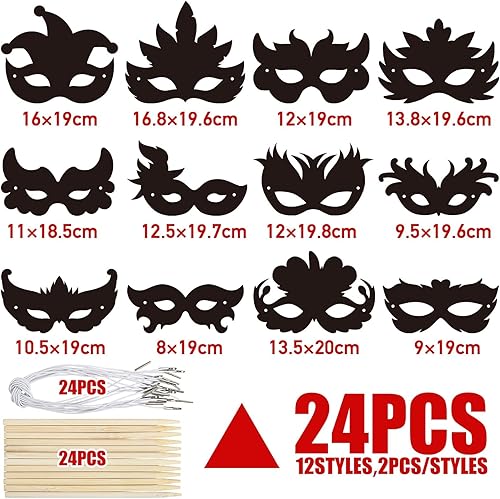 BOFUNX 24pcs Masque à Gratter Scratch Art Masques Avec Cordons Élasticité Bâton Bricolage Enfants Adulte Déguisement de Fête Carnaval Party Masque - Nail Gallerys