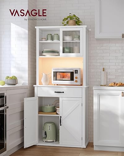 VASAGLE Meuble de Rangement avec Lumières et Chargeur, Placard de Cuisine, avec Portes et Tiroirs, Buffet, Meuble à café, Étagères Réglables, Style Campagne, Blanc Rustique BBK363W22 - Nail Gallerys