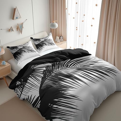 Blanc Housse de Couette 90x190 cm Silhouette noire et blanche feuilles palmier Parure de lit Adult Enfant avec 1/2 Taie d'oreiller 65x65 Reversible Parure Housse Couette 2 Personnes en Polycoton - Nail Gallerys