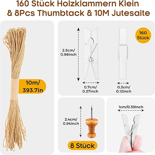 Hengxinc Lot de 168 Mini Pinces à Linge en Bois Blanc 25MM - Pour Mariage, Polaroid et Photos - Avec 10M de Corde de Jute - DIY - Nail Gallerys