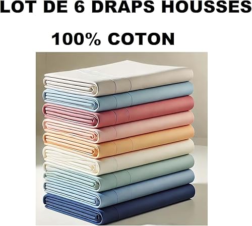 Lot de 6 Draps Housses 100% Coton, 57-Fils -3 Tailles au Choix 90x190cm 140x190cm 160x200cm (90x190cm) - Nail Gallerys