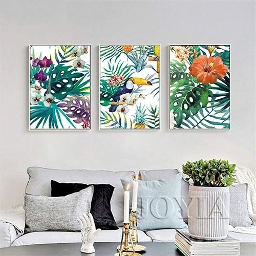 SHINERING Aquarelle Toile Mur Art Plantes De La Forêt Tropicale Plantes Oiseau Peinture Feuilles Tropicales Mur Photos Décoration De La Maison No Frame - Nail Gallerys