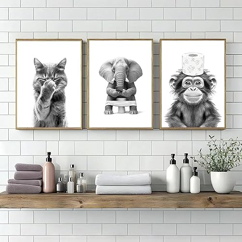 Youihom 3 Affiches Animaux WC Noir et Blanc Décoration Murale pour Toilette Poster Photo Animaux Deco WC Tableau Toilette Decoration Toile Chat Singe Elephant (YHH021-21x30cm) - Nail Gallerys
