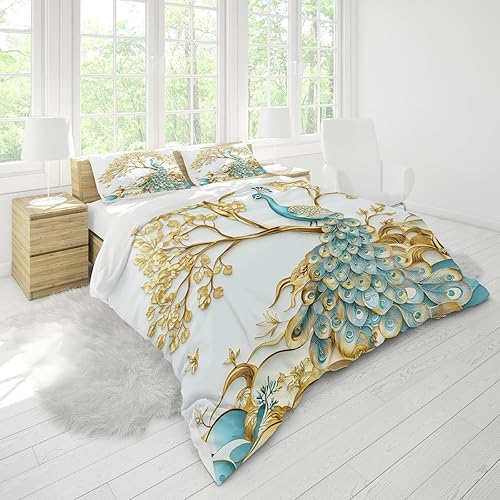 Parure de lit 140x200 cm Paon Doré de Luxe Housse de Couette Microfibre 3 pièces Douce Confortabl HypoallergiqueArt Housse de Couette pour Adultes Enfants - Nail Gallerys