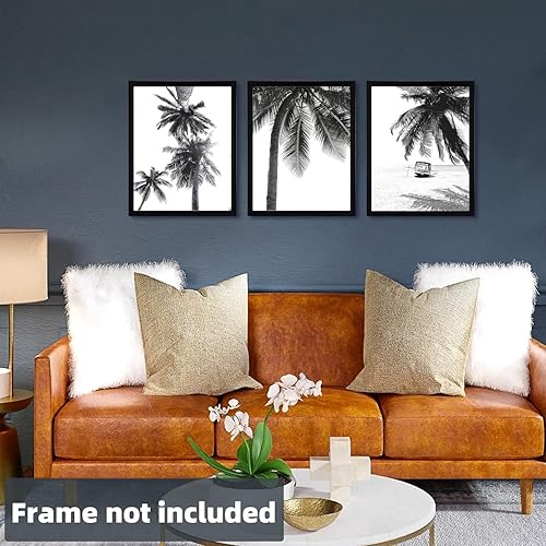Linilioart Lot de 3 toiles murales en noir et blanc avec palmiers tropicaux, paysage de plage tropicale, œuvre d'art contemporain nordique botanique pour salon, sans cadre (30 x 40 cm) - Nail Gallerys