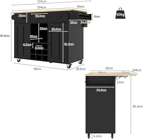 Merax Desserte Îlot de Cuisine Mobile avec Plan de Travail Rabattable, Armoire sur Roulettes, 2 Tiroirs et Porte Réglable, 112 x 40 (70) x 94 cm, Noir - Nail Gallerys