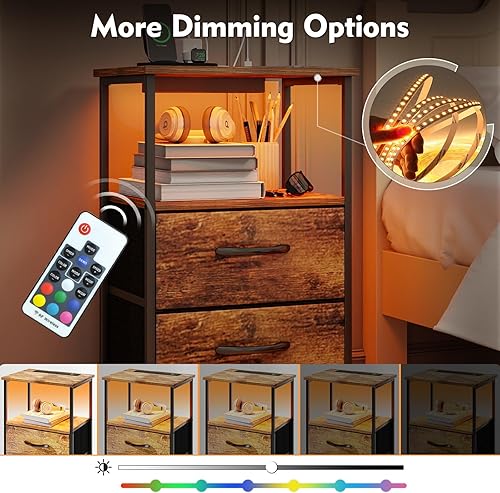 Hanviter Table de chevet avec station de charge intégrée, 20 modes d'éclairage LED, rangement multifonctionnel, roues amovibles, design robuste pour chambre à coucher, petits espaces, salon, marron - Nail Gallerys